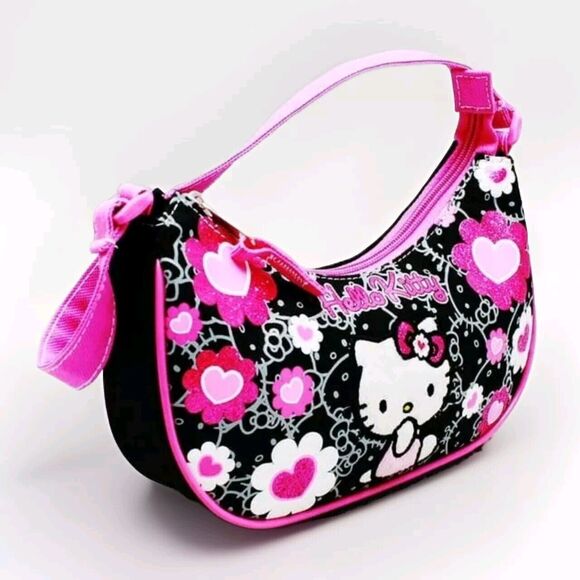 Sanrio Other - RARE Sanrio Mini Hello Kitty Handbag 2014 Black With Pink Flowers EUC 🌸
